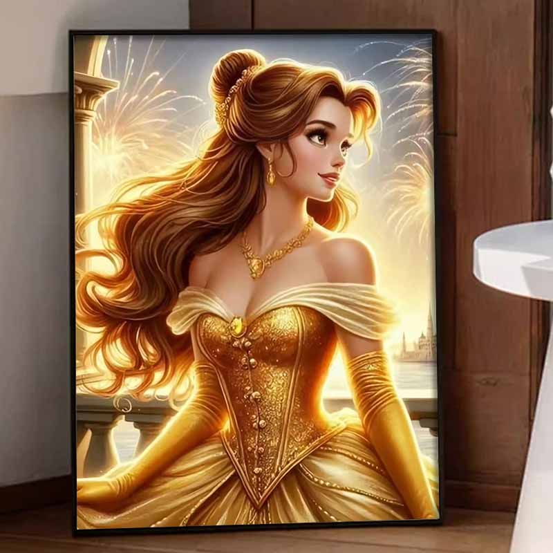 Disney diamond painting 5D round diamond full of diamonds diy handmade stickers, home decoration paintings with Belle golden dress and fireworks.