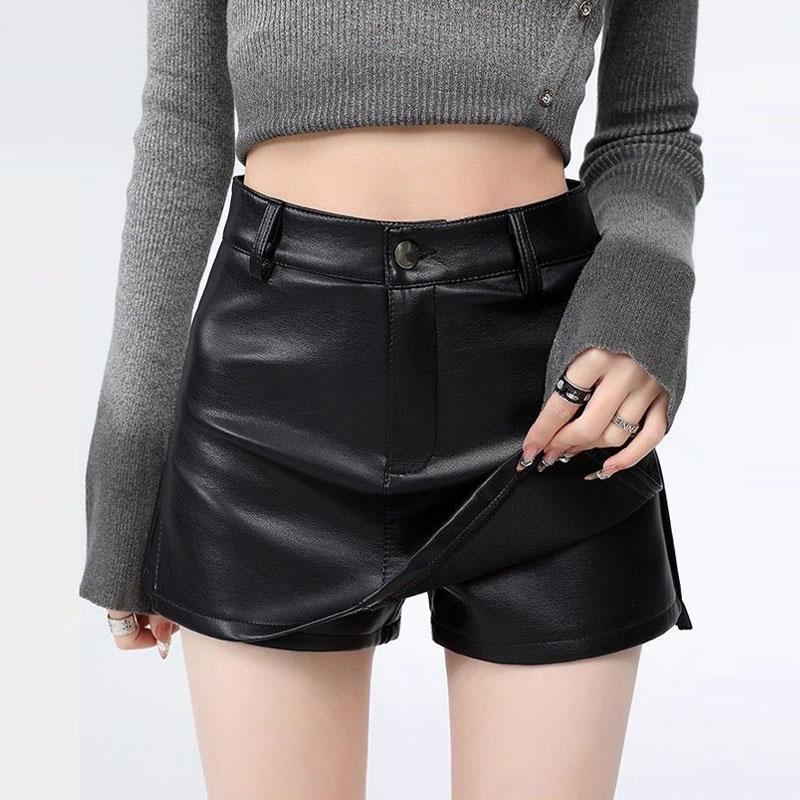 Women's Pu Leather Skirt Y2k High Waist Slit A-line Shorts Mini Skirt Slim Fit Female Clothing Autumn Winter
