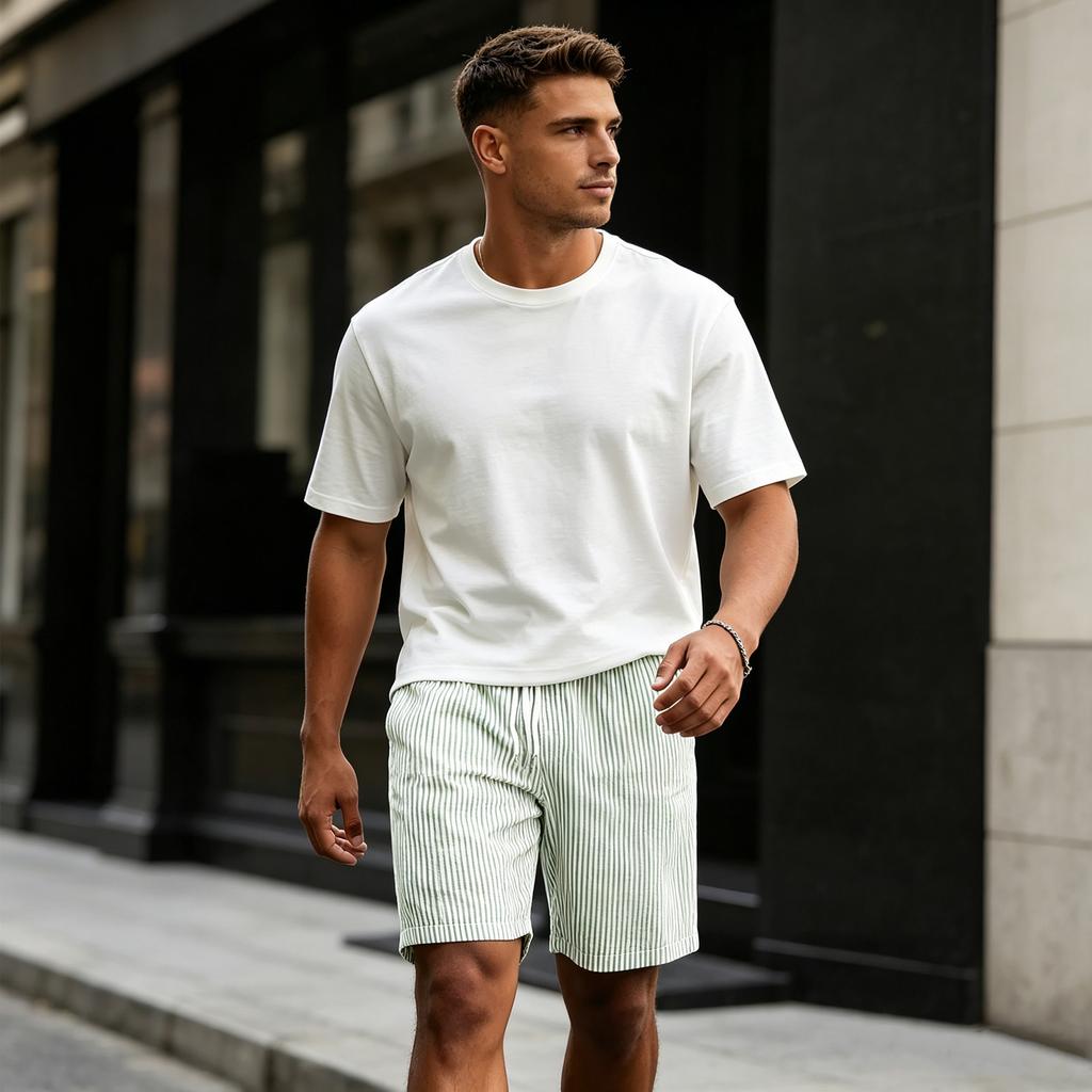 Herrshorts, Casual, Randiga, Linne, Elastisk Midja, Dragsko, Sommar, Strandshorts, Med Fickor, Lös Passform, Bomullslinne Shorts