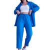 2024 European & American Women's Summer Crinkle Long Sleeve Shirt & High Waist Wide Leg Pants Set