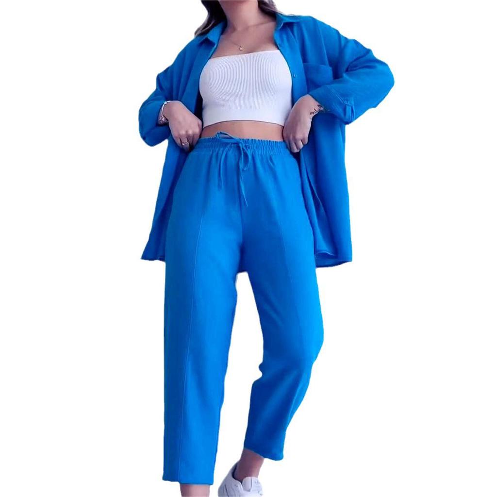2024 European & American Women's Summer Crinkle Long Sleeve Shirt & High Waist Wide Leg Pants Set