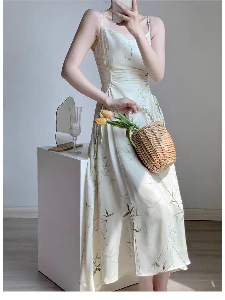 Chinese Ink Bamboo Print Spaghetti Strap Fairy Mori Girl Slimming Summer Dress