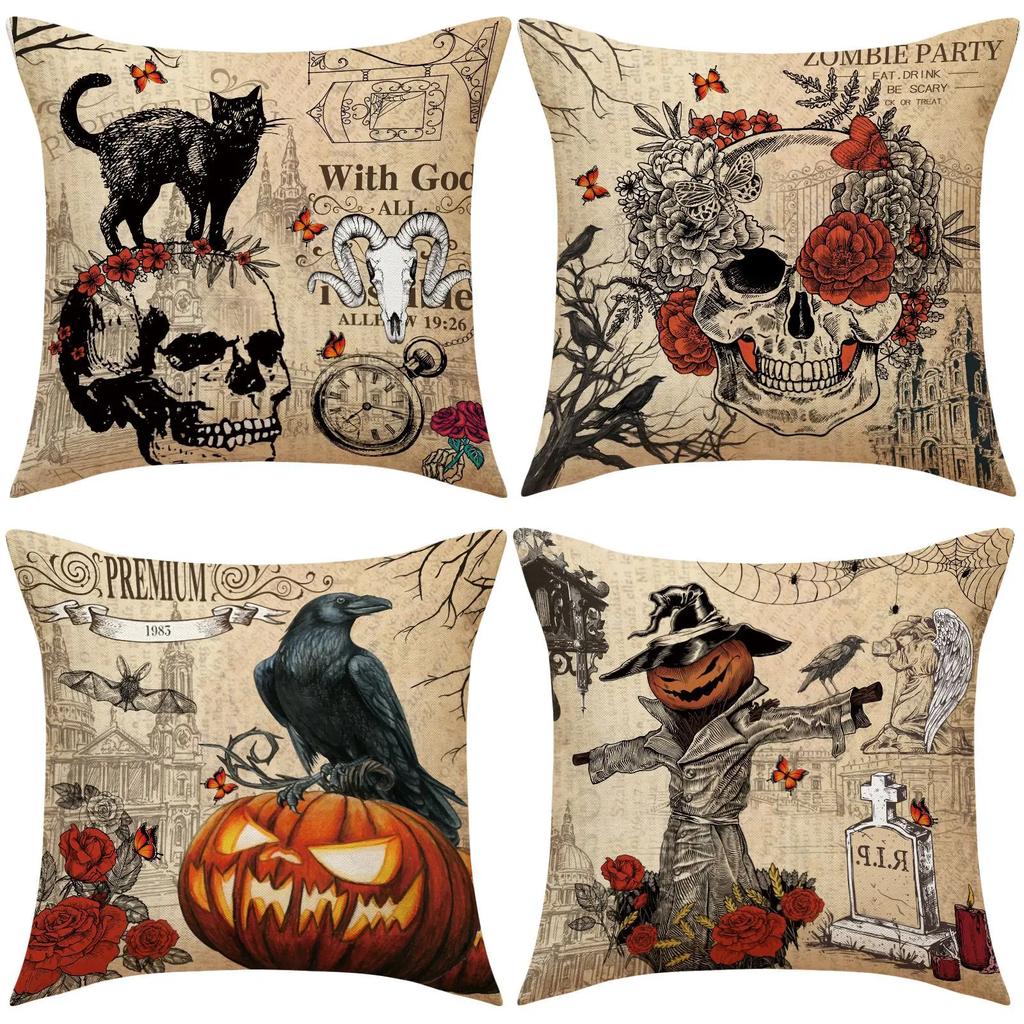 Halloween Pumpkin Scarecrow Pillowcase Black Cat Crow Skull Linen Sofa Cushion Cover Ghost Festival Home Decorative Pillow Case
