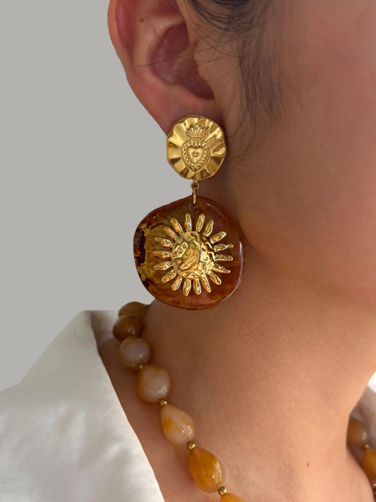 GHIDBK Vintage Trendy Amber Resin Golden Sun Round Drop Earrings for Women Unique Stainless Steel Party Daily Zircon Waterproof
