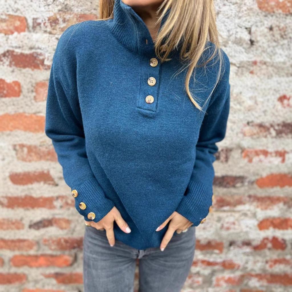 New Women's Autumn Winter Solid Color Casual Turtleneck Loose Knitted Button Pullover Sweater