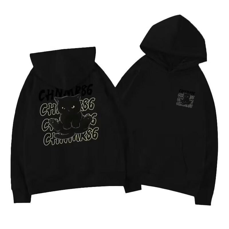 Men's Cat Print Velvet Hoodie - New Style Autumn/Winter Loose Pullover