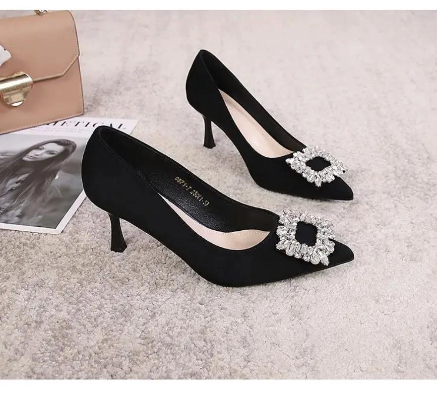 Women Shoes Fashion Rhinestone Square Buckle Bridesmaid Wedding Shoes Solid Flock Pointed Toe Stiletto Pumps French High Heels