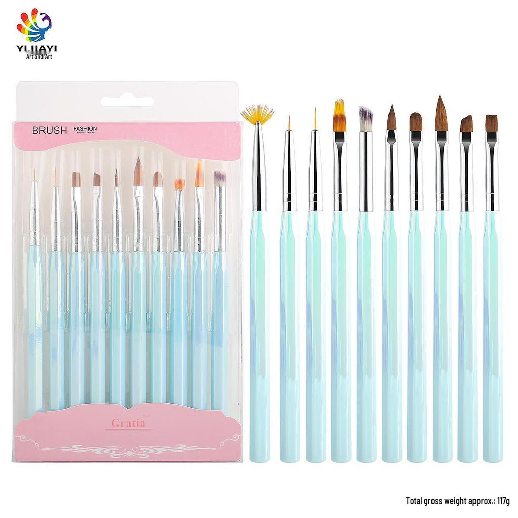 Laser Blue Hexagonal 10-Piece Nail Art Brush Set for Outlining, Lines, and Floral Designs