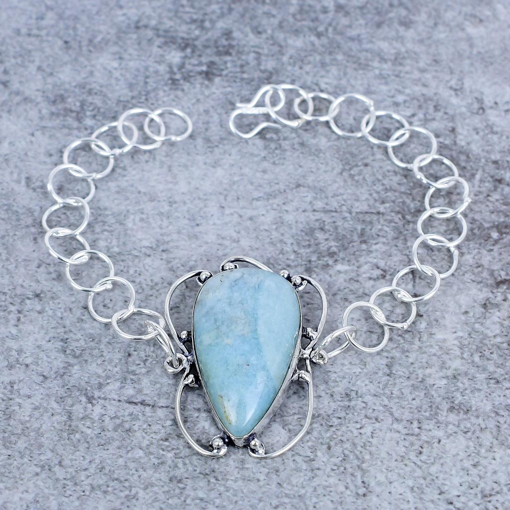 Aquamarine Gemstone Handmade 925 Sterling Silver Bracelet 7-8" M-2726