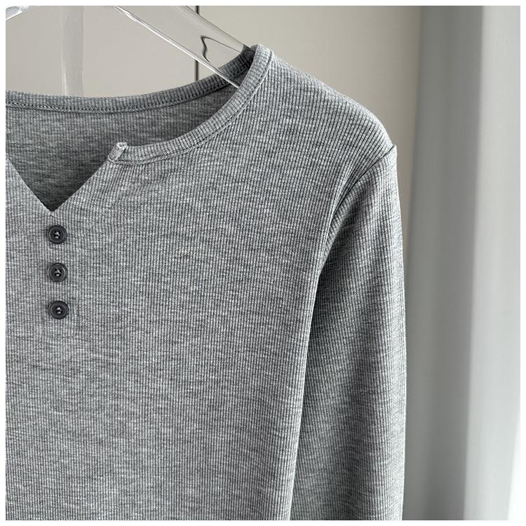Stylish Long Sleeve T-Shirt Ribbed Slim Standard Shoulder Top For Autumn Stretchy Slim Base Layer Soft Ribbed Fabric Good For Inner And Outer Wear Top