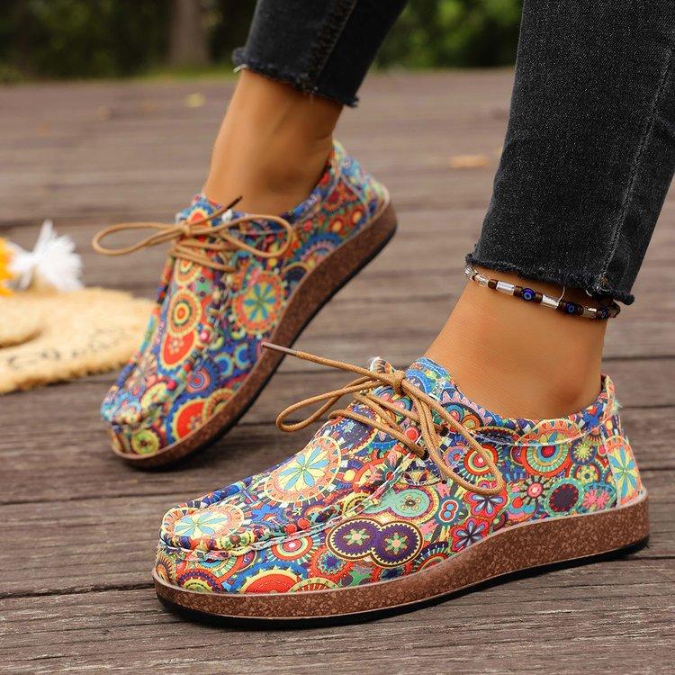 Plus-size Ethnic Style Casual Single Shoes Women's Colorful Lace-up Graffiti Low-top Wood Grain Platform Shoes