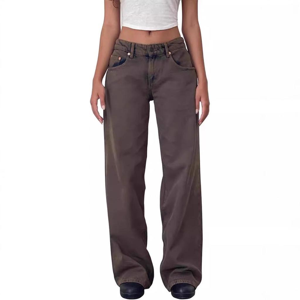 Women's Retro Low Waist Washed Straight Leg Jeans - Wide Leg Autumn Denim Pants