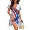 Short Sleeve V Neck Casual Dress with Flag and Floral Print Soft Lightweight Fabric Comfortable Fit