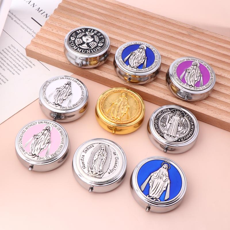 Retro Metal Holy Communion Saint Benedict Rosary Gift Boxes Round Religious Jewelry Packing Case