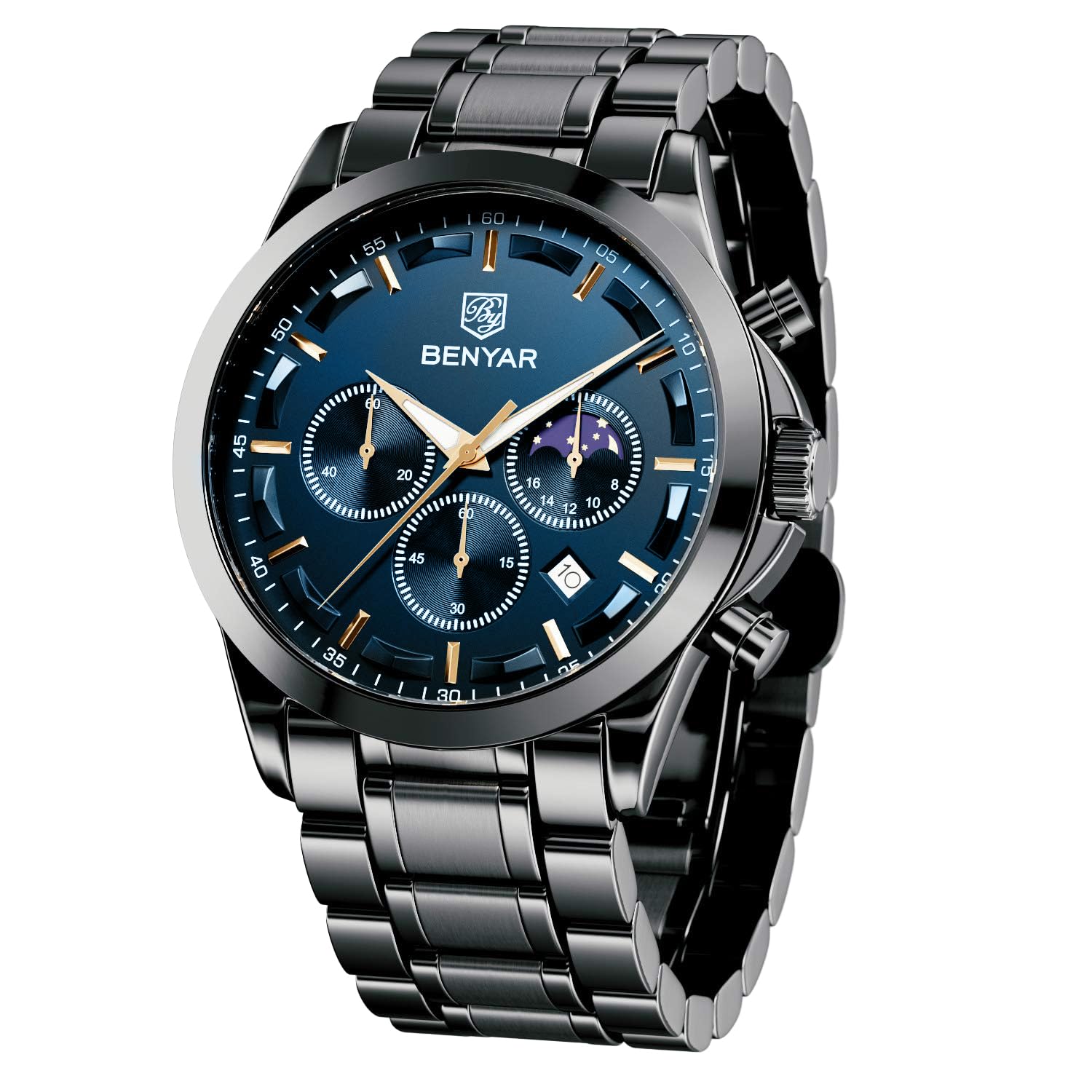 

BENYAR Men s Leather Band Chronograph Watch Multi-Calendar Business Formal Waterproof Scratch-Resistant Silver and Blue