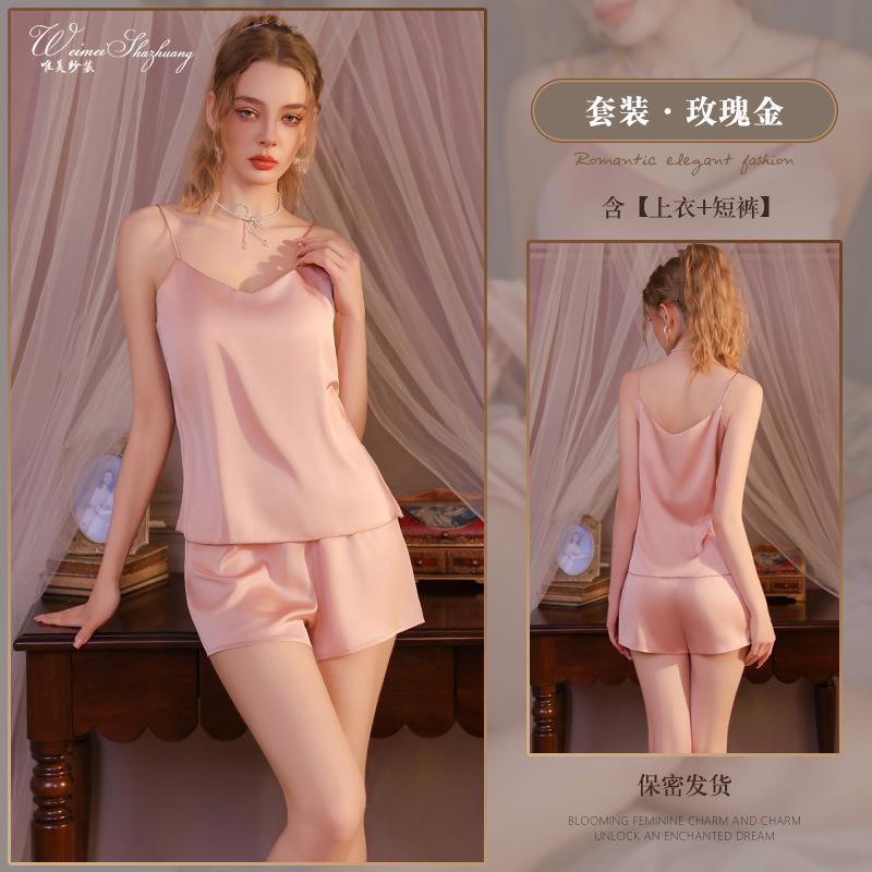 

Beautiful yarn new French with chest pad deep V home sexy pure desire suspender shorts suit women M розового золота