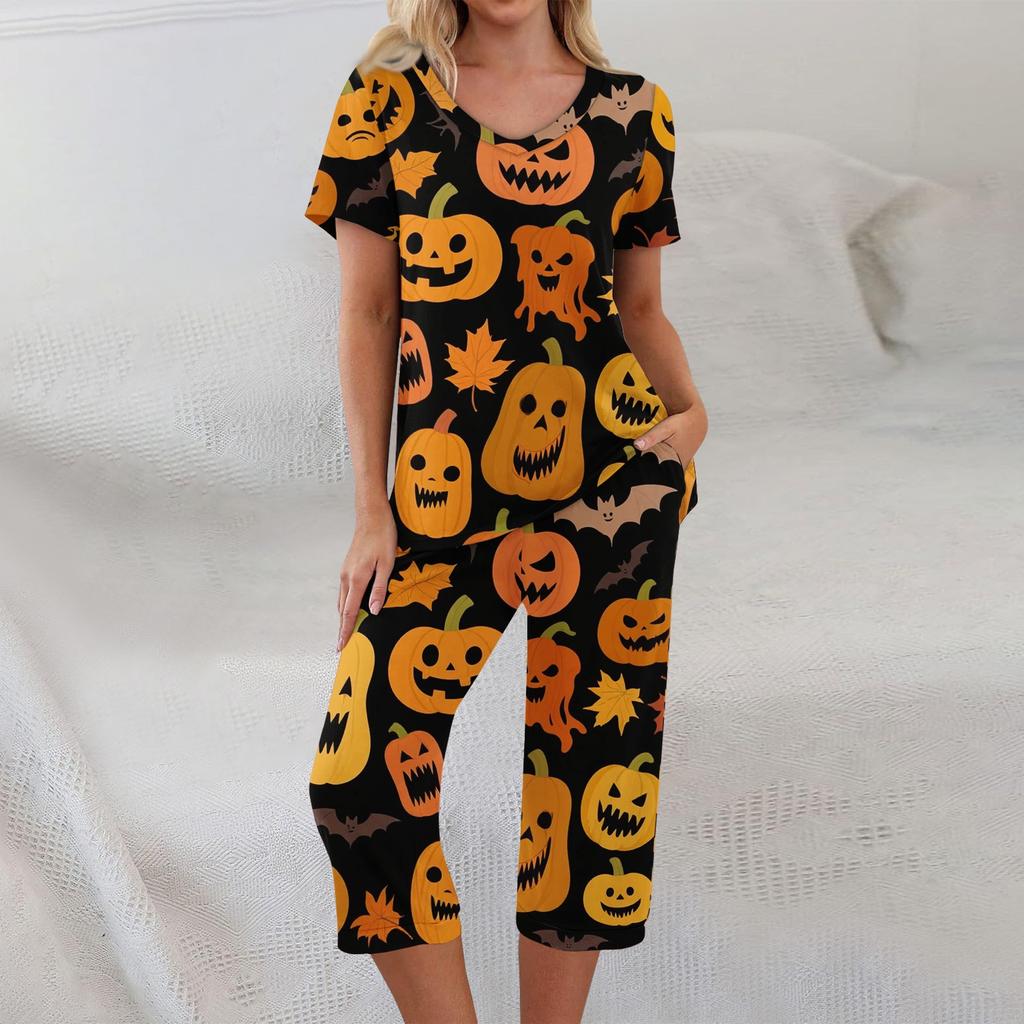 Dvoudílné soupravy pro ženy Krátký rukáv Top a Kalhoty s kapsami Cvičení Měkké Halloweenský potisk Soupravy