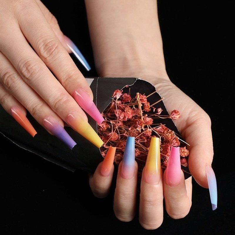 24pcs/bag Long Coffin Fake Nails Rainbow Ballerina Full Cover Nail Art Tips Beauty Artificial False Nails Manicure Charms