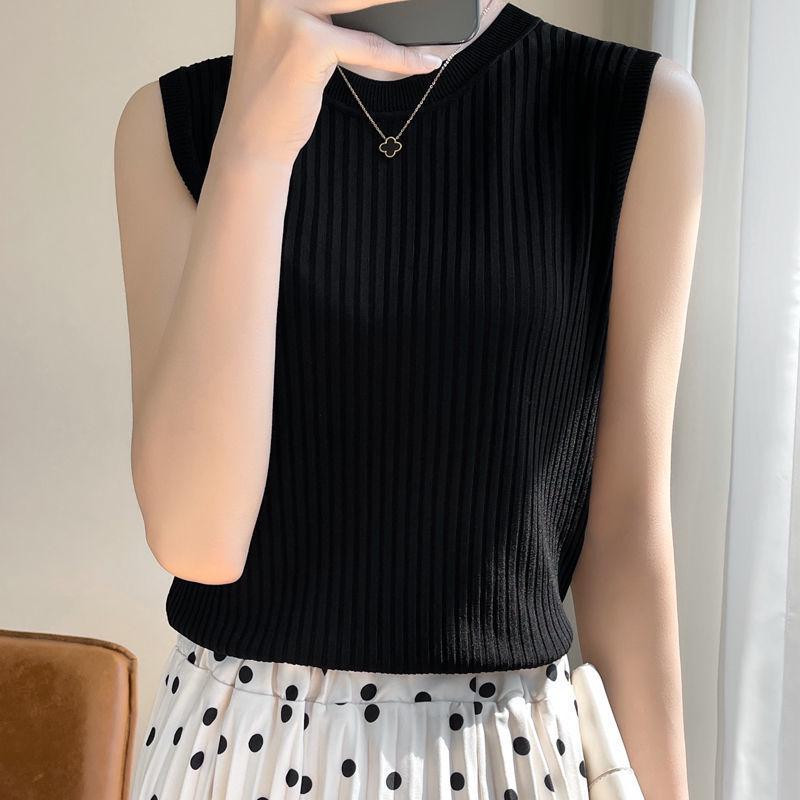 Women's Round Neck Sleeveless Knitted Camisole Tank Top - Ice Silk Summer Base Layer Top