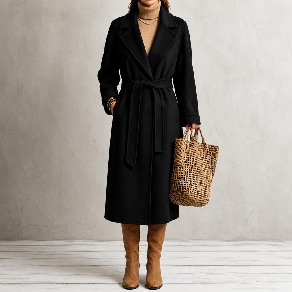 Lange dameswollen jas met gekerfde revers voor herfst en winter, zakelijke casual kleding