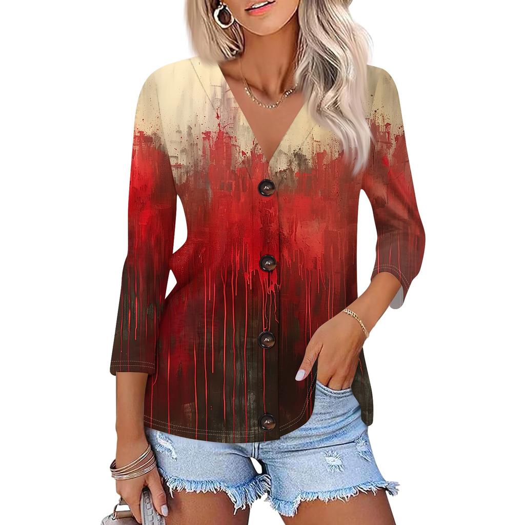 Damenmode Lässiges bedrucktes Button-Down-Hemd 3/4 lange Ärmel Oberteile