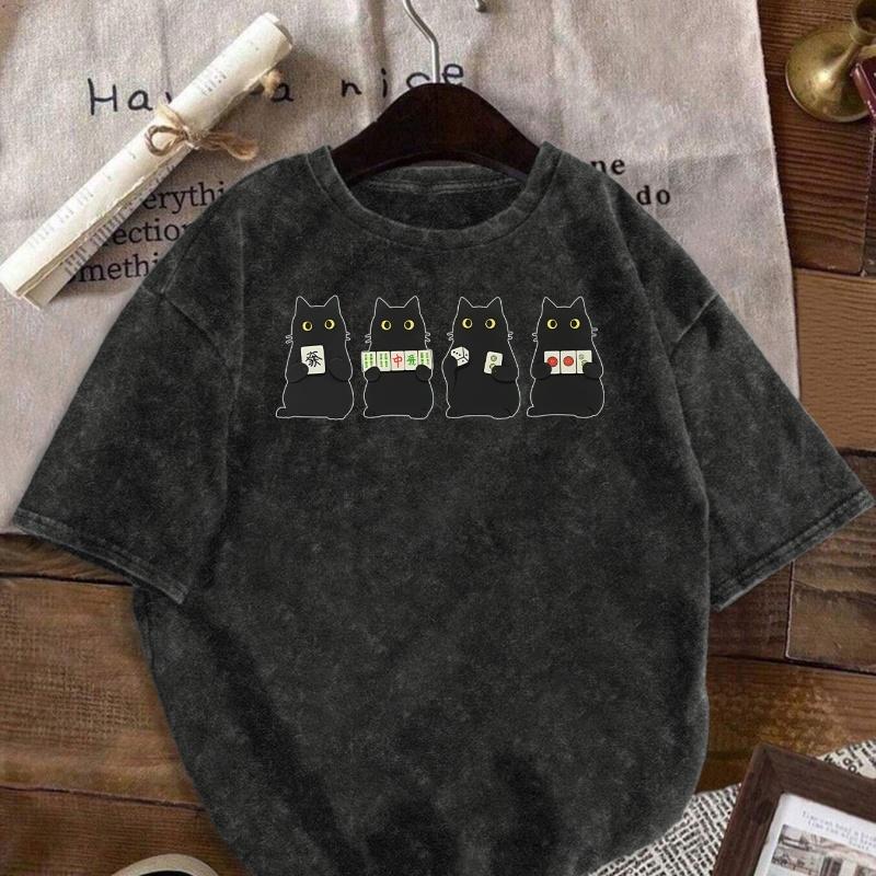 An Interesting Mahjong Cat T-shirt Vintage Washed Oversized Shirt Casual and Relaxed Streetwear Suitable for Cat Lovers' Outfits Daily Wear Cool Top