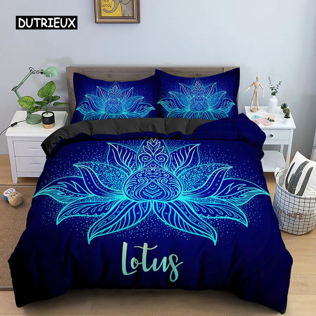Lotus Duvet Cover Set Mandala Lotus Pattern Twin Bedding Set Exotic Boho Style for Teens Queen King Size Microfiber Quilt Cover