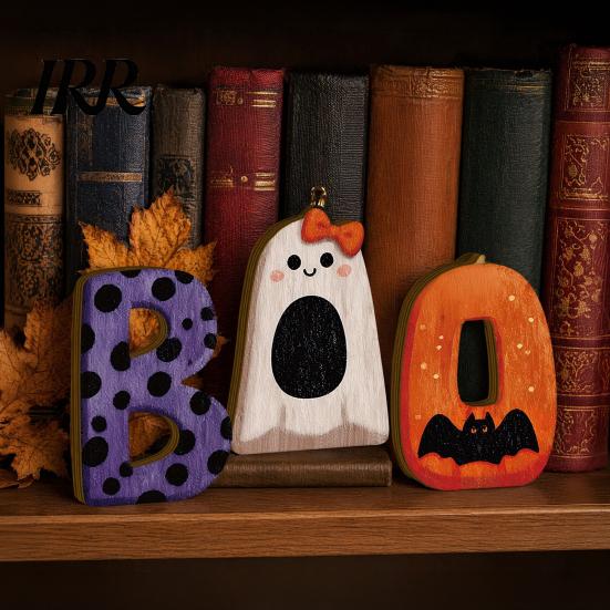 Halloween Ornament 3Pcs/Set Wooden Statues, Letter Bat Pumpkin Ghost with Bowknot Deisgn, Shape Decoration Desktop Ornaments, Holiday