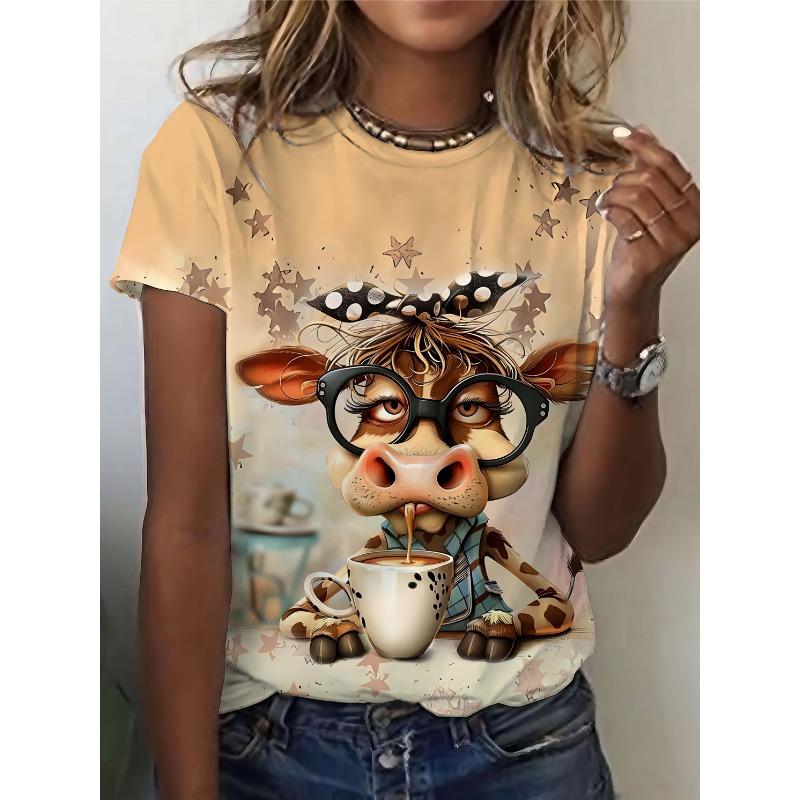 Women's Tee - Cute Coffee Cow & Star Graphic, Playful Cartoon Animal Design for Casual Daily Wear