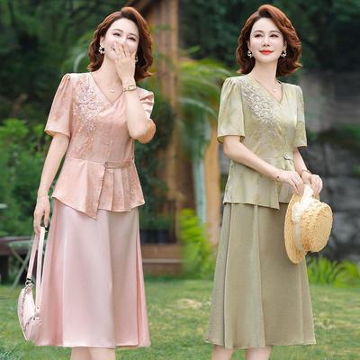 Elegante Vestido Chino de Dos Piezas para Mujeres Mayores - Adelgazante, Manga Corta Moda de Verano