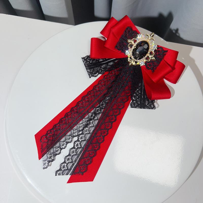 Korean Version Lolita Lace Bow Tie Women's Collar Flowers Ribbon Black Bowkont High-end Rhinestone Shirt Brooch Handmade Jewelry
