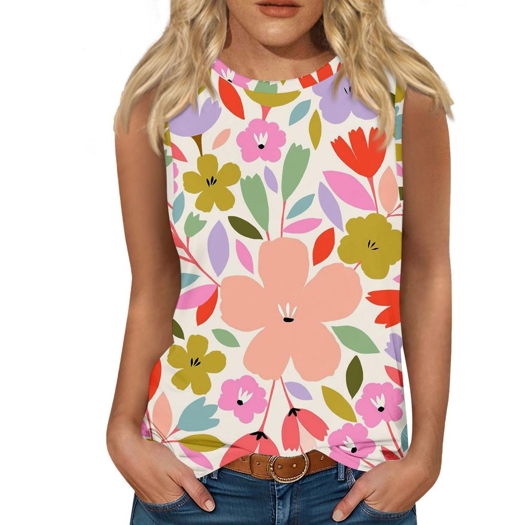Women's Casual Round Neck Printed Sleeveless Vest Tops Vest