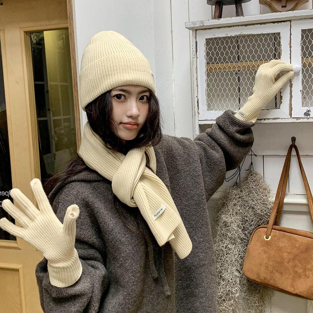 Wool Hat Scarf Gloves Set Solid Color Winter Beanie Hat Neck Warmer Thermal Knit Cap Cold Weather