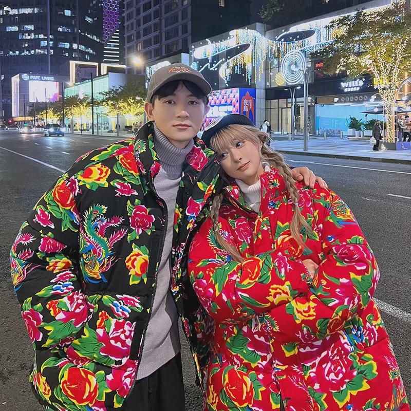 Men's Winter Peony Cotton Jacket - Large Size, Festive National Trend Coat