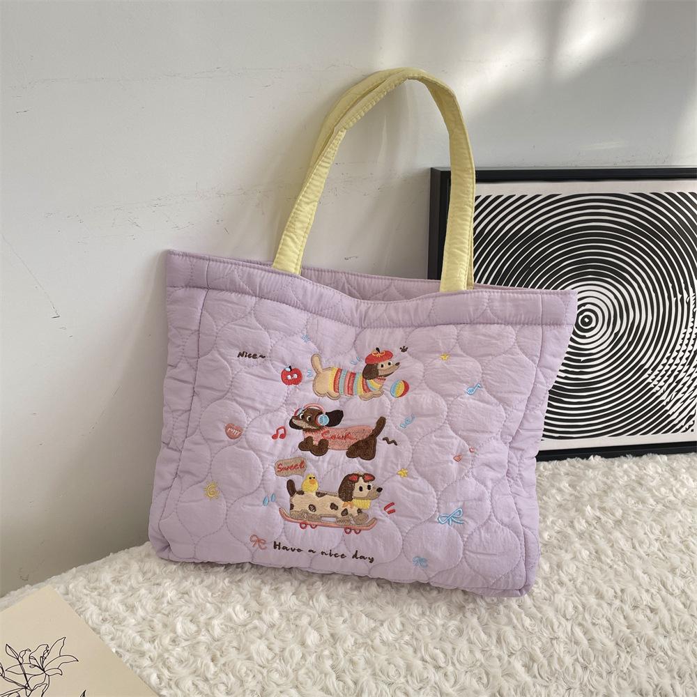 Cute kitten embroidered handbag Korean ins quilted tote bag women's shopping bag mommy bag