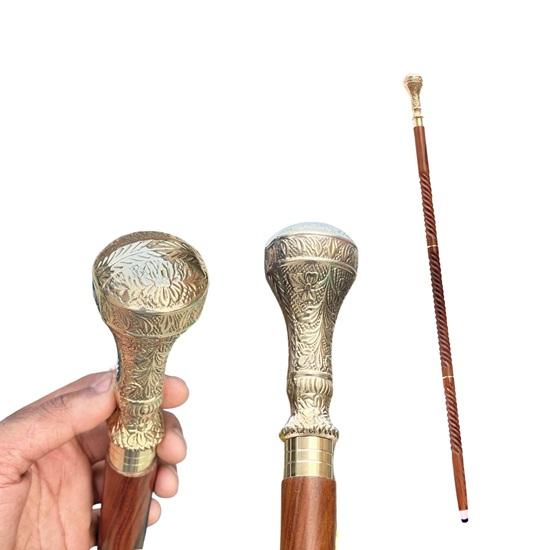 Engraved Flowers Walking Stick, 3 Foldable Solid Brass Cane for Men and Woman, Round Brass Handle, Victorian Cane, Dad Gift, Christmas Gift