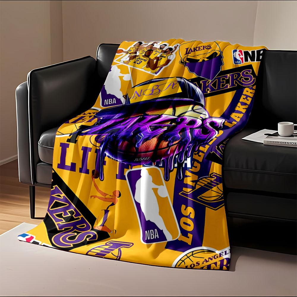 Bold Lakers-themed collage with basketball graphics and purple-yellow tones. for all seasons blanket lunch break throw gift