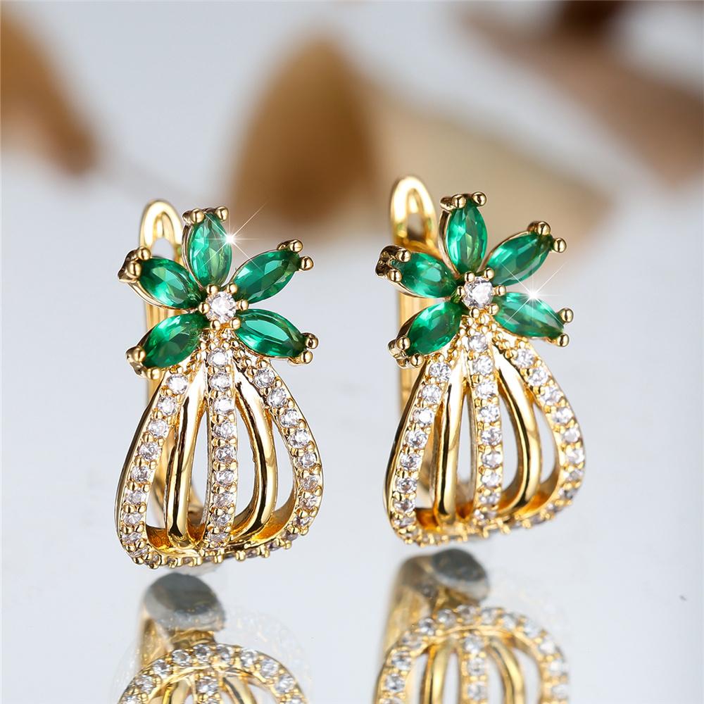 1 Pair Women's Green Cubic Zirconia Flower Drop Dangle Earrings Luxury Gold Color Wedding Party Jewelry Gifts