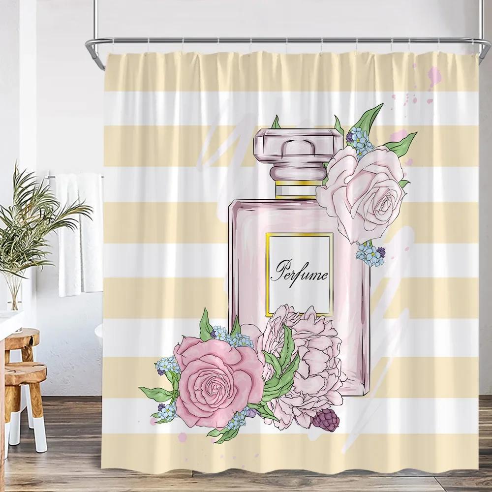 Pink Perfume Bottle Shower Curtain Pink Flower Cosmetic Pattern Bathroom Decoration Modern Fashion Shower Curtain with Hook