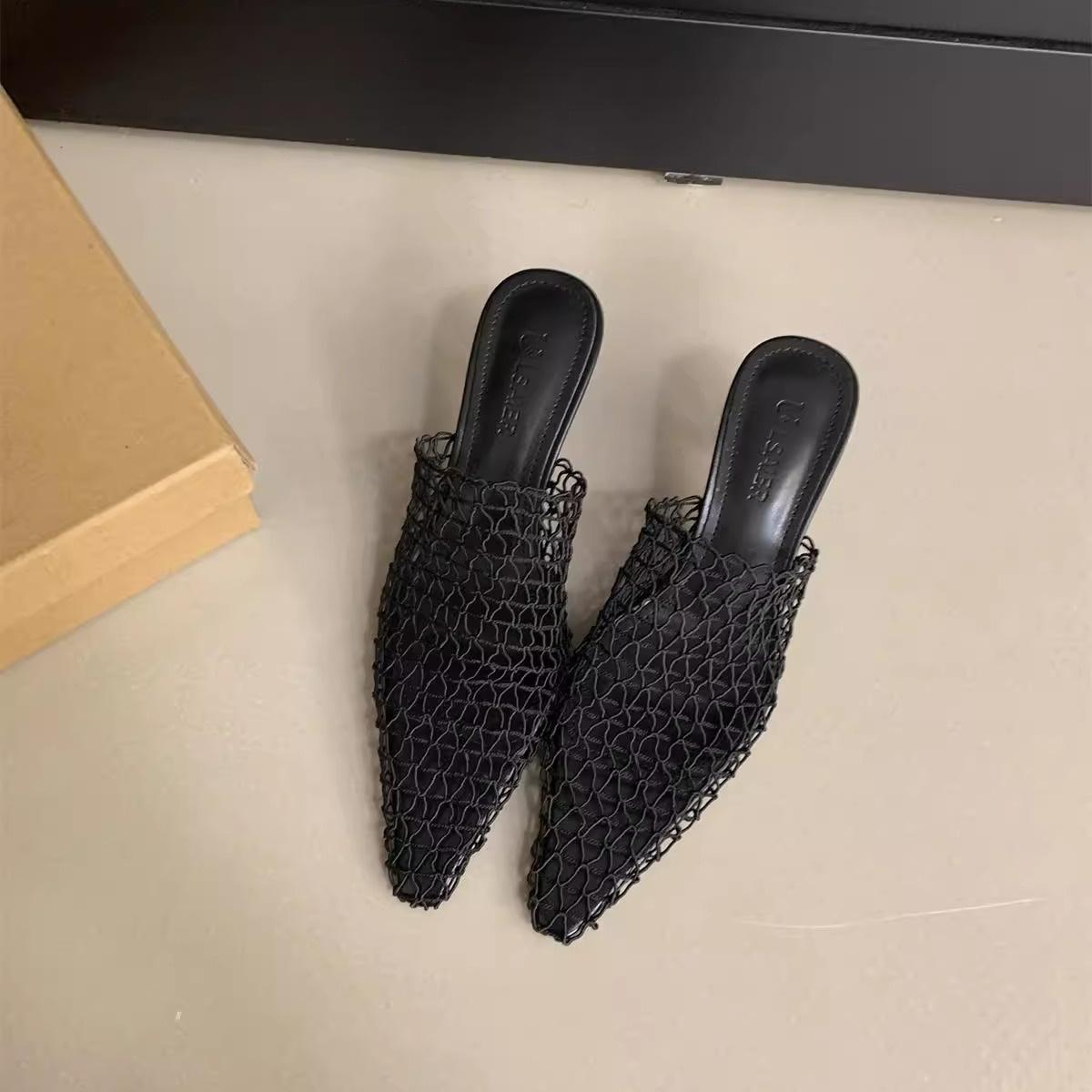 

2025 new niche design sandals retro woven hollowed pointed thin heels women s high heels breathable mesh shoes 39
