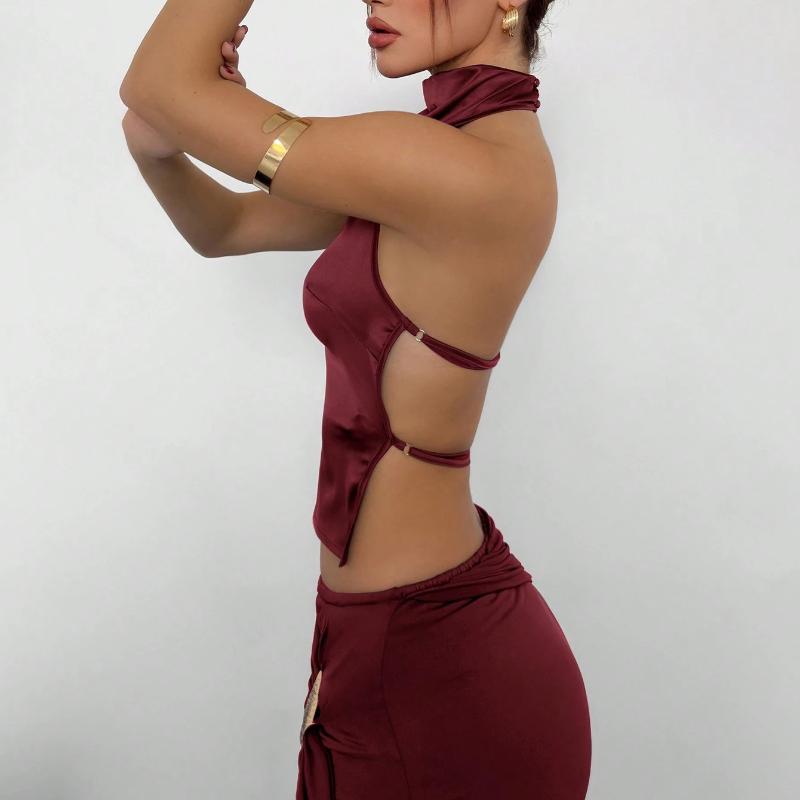 European and American Sexy Backless Hanging Neck Slim Fit Solid Color Off Shoulder Vest