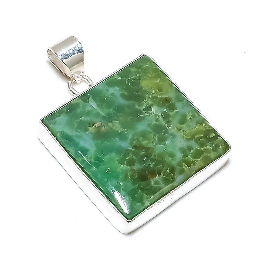 Chrysoprase Gemstone Handmade 925 Sterling Silver Jewelry Pendant 1.77" SU-9876