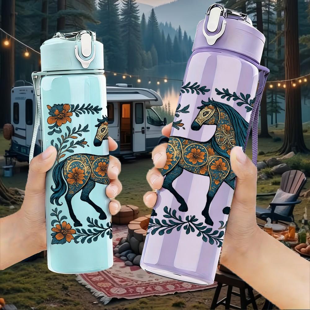 1PC Geometric Dark Horse Print 750ml Color Plastic Sports Water Bottle Leakproof Flip Straw Lid Suitable for Sports Office Home Use