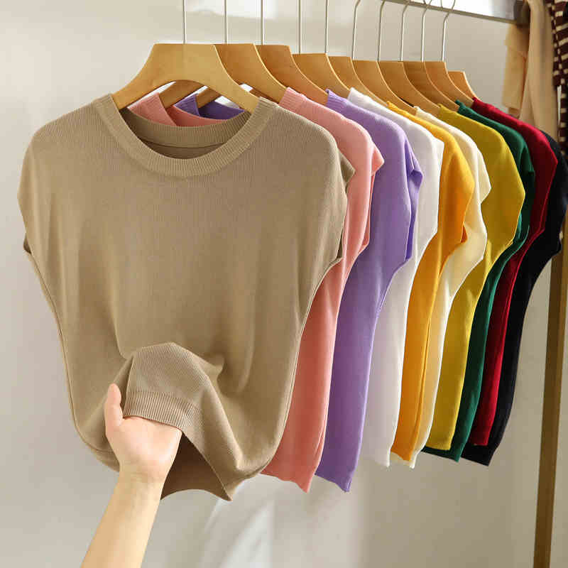 Summer Round Neck Knitted Casual Women's T-shirt Elegant Loose Ice Silk Thin Fit Solid Color Short Sleeve Tee Tops Ladies Simple Fashion T Shirt 3097