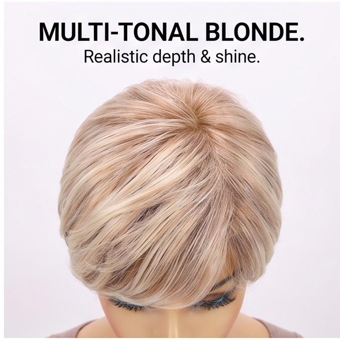 Leichte kurze gerade synthetische Perücke für Damen, Braun-Gold Seitenscheitel, Natürlicher Look, Atmungsaktive Kappe für den täglichen Gebrauch & Freizeit, Sofort lieferbar