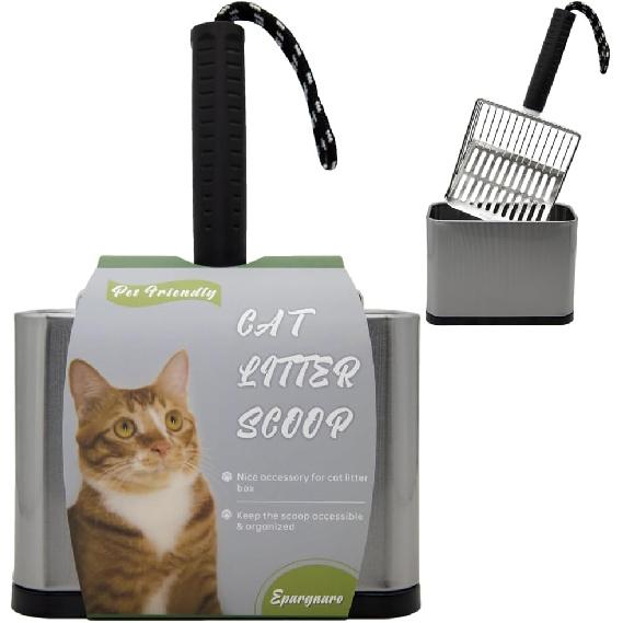 Metal Cat Litter Scoop with Holder, Stainless Steel Cat Litter Scooper Holder Trash Container, Heavy-Duty Kitty Poop Scooper with Coarse and Fine серый