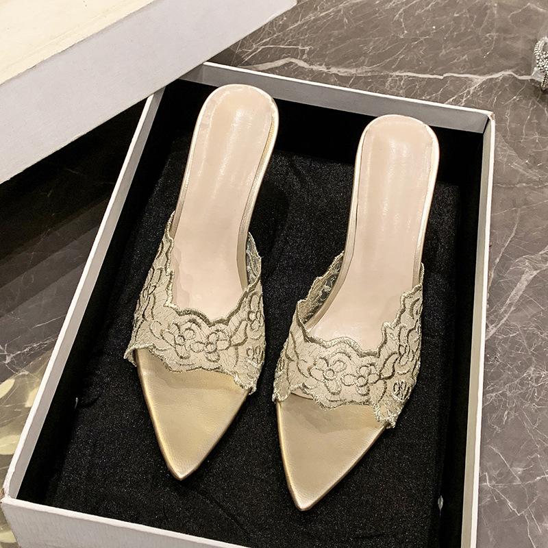 2025 new high heels stiletto champagne gold embroidered sandals embroidered half slippers sexy pointed banquet sandals women
