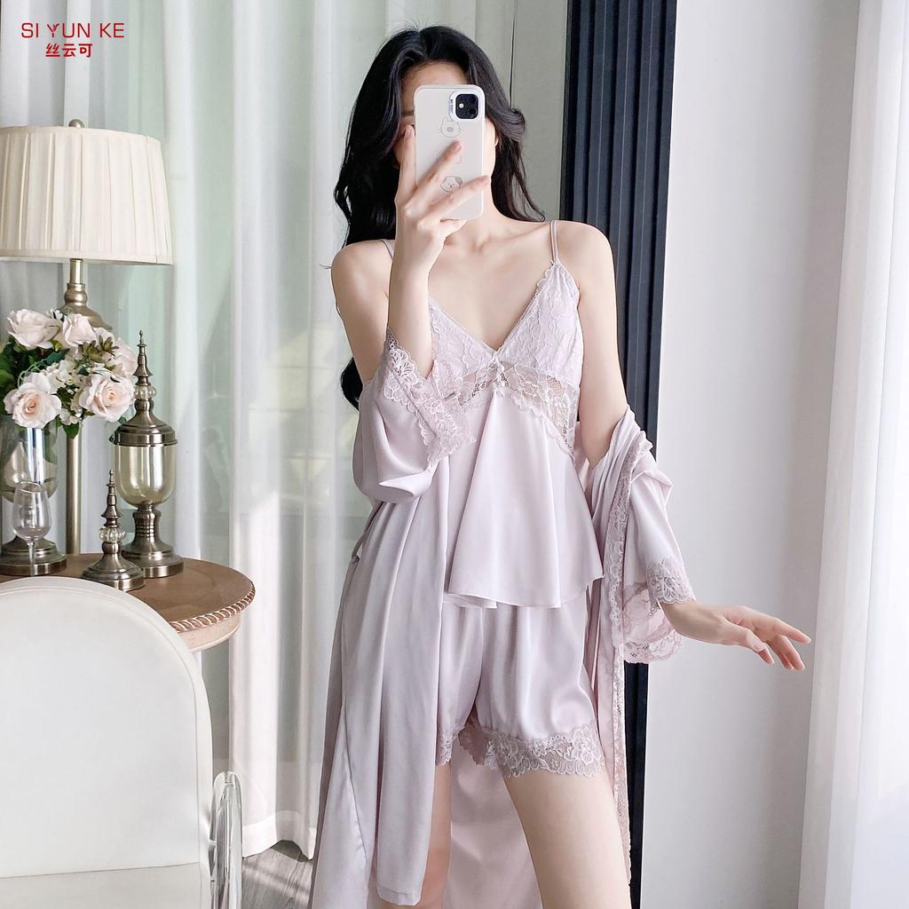 New Ice Silk Pajamas Women's Summer Suspender Nightdress Lace Lace with Chest Pad Pure Desire Style Loungewear Two-piece Set