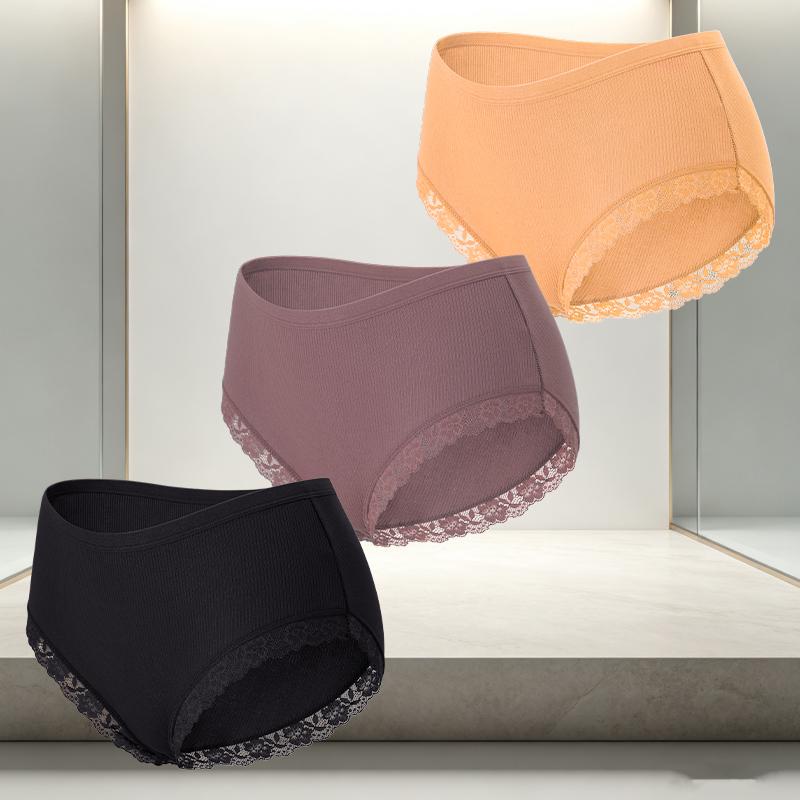 FINETOO 3Pcs/Set Women's Cotton Patchwork Lace Underwear Solid Color High Rise Ribbed Underpants Soft Breathable Panties Female Lingerie
