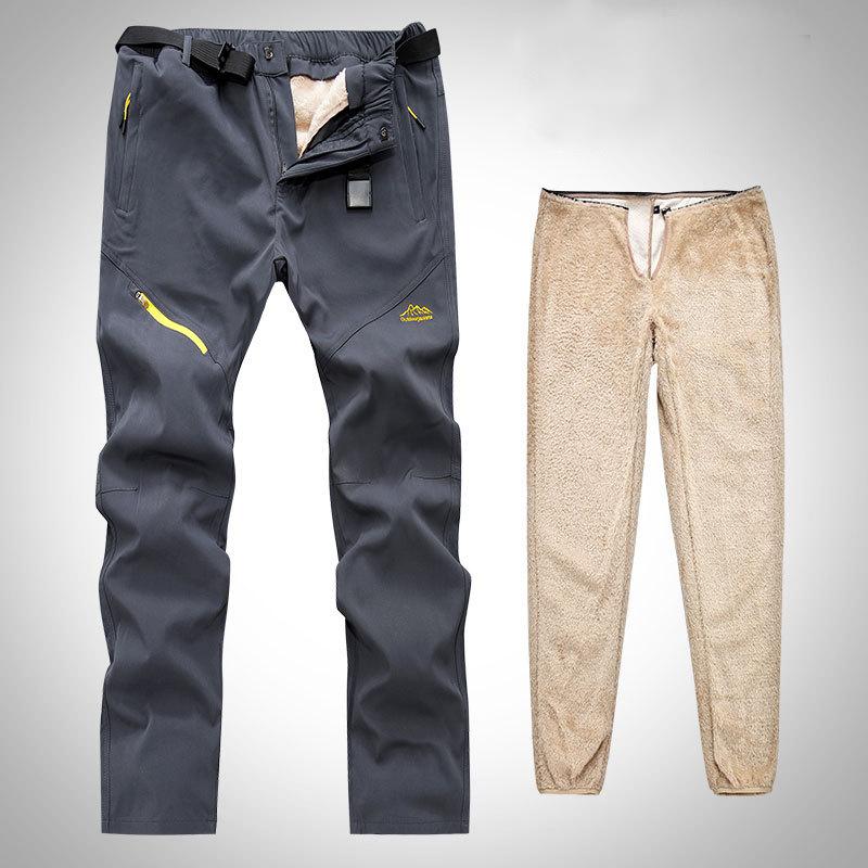 Зимние Толстые Теплые Уличные Брюки Мужские Водонепроницаемые Длинные Брюки Брюки для Кемпинга Съемная Меховая Подкладка Бархат XS